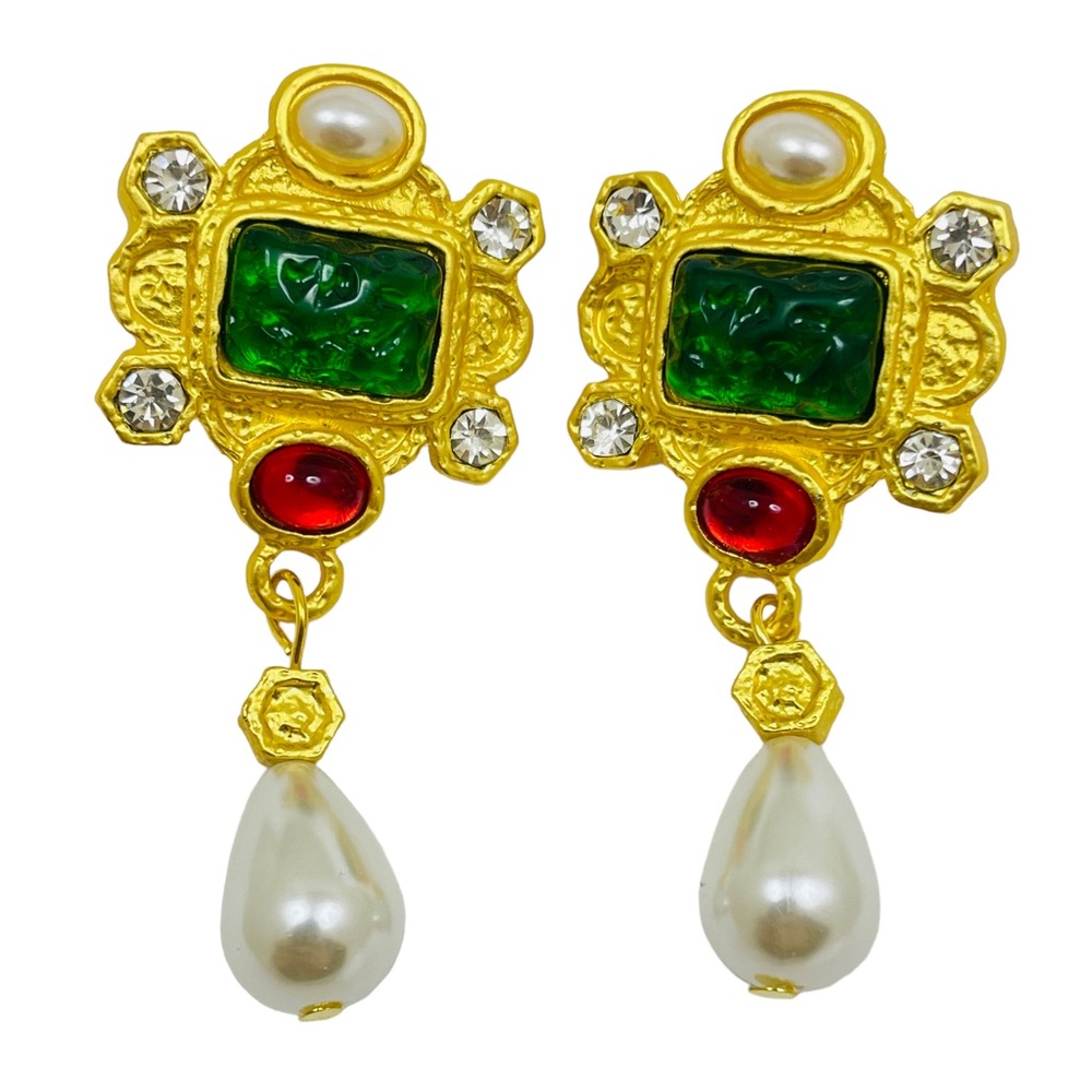 NEW vintage runway style glass gold plated earrings